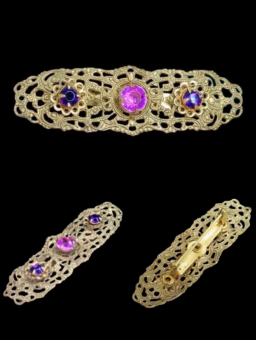 Vintage Edwardian Style Brass Filigree Amethyst Glass Bar Brooch